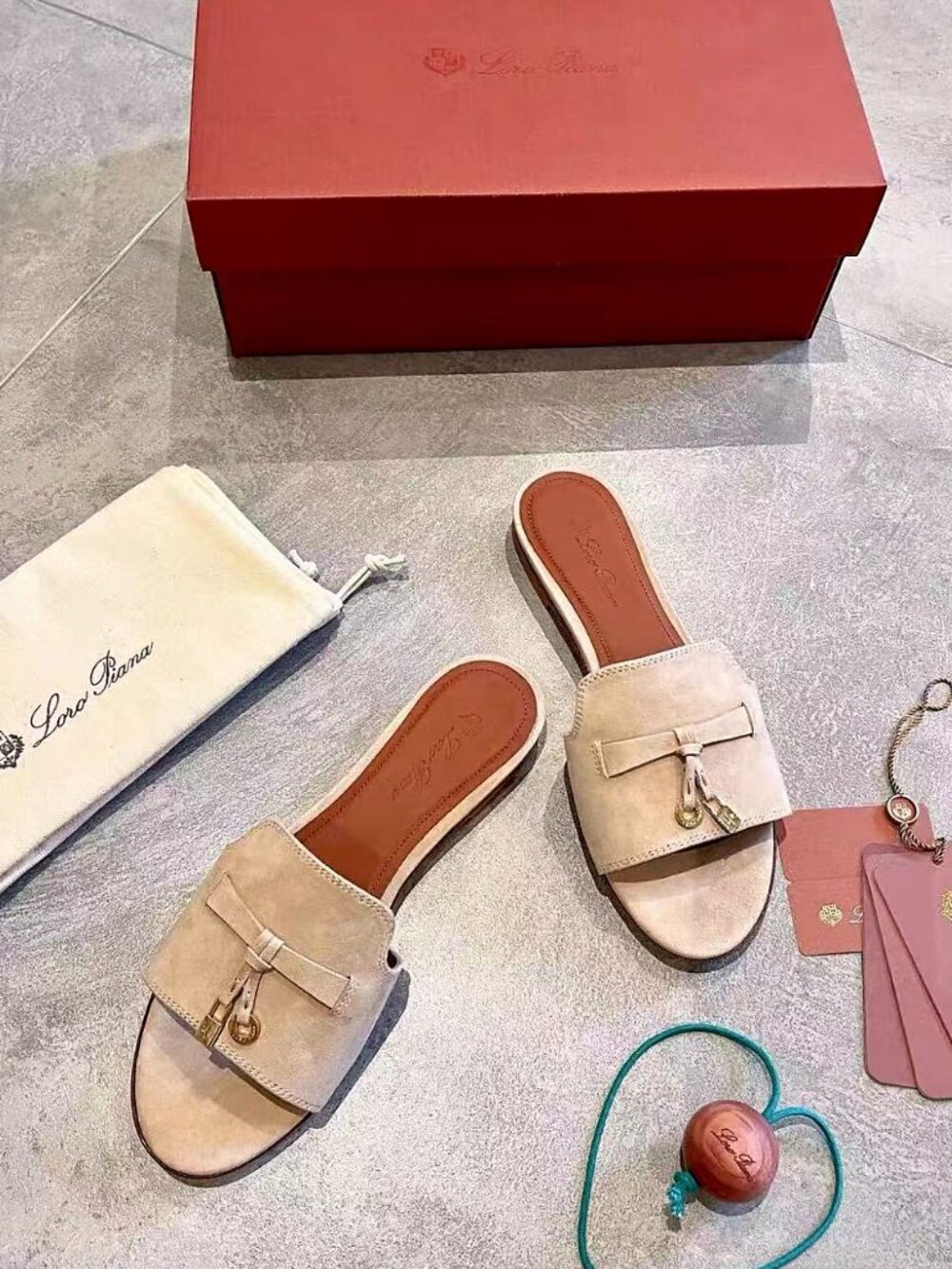 Loro Piana Beige Suede Bow Charm Slide Sandals - Picture 5 of 6